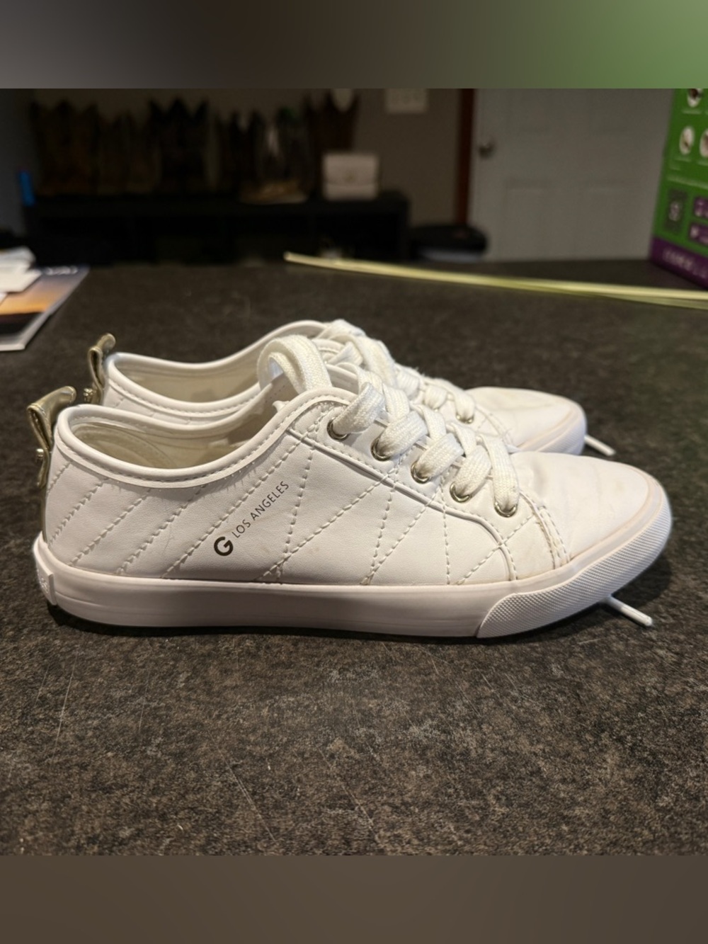 G by Guess Los Angeles White Quilted Leather Sneakers with Gold Heel Tab